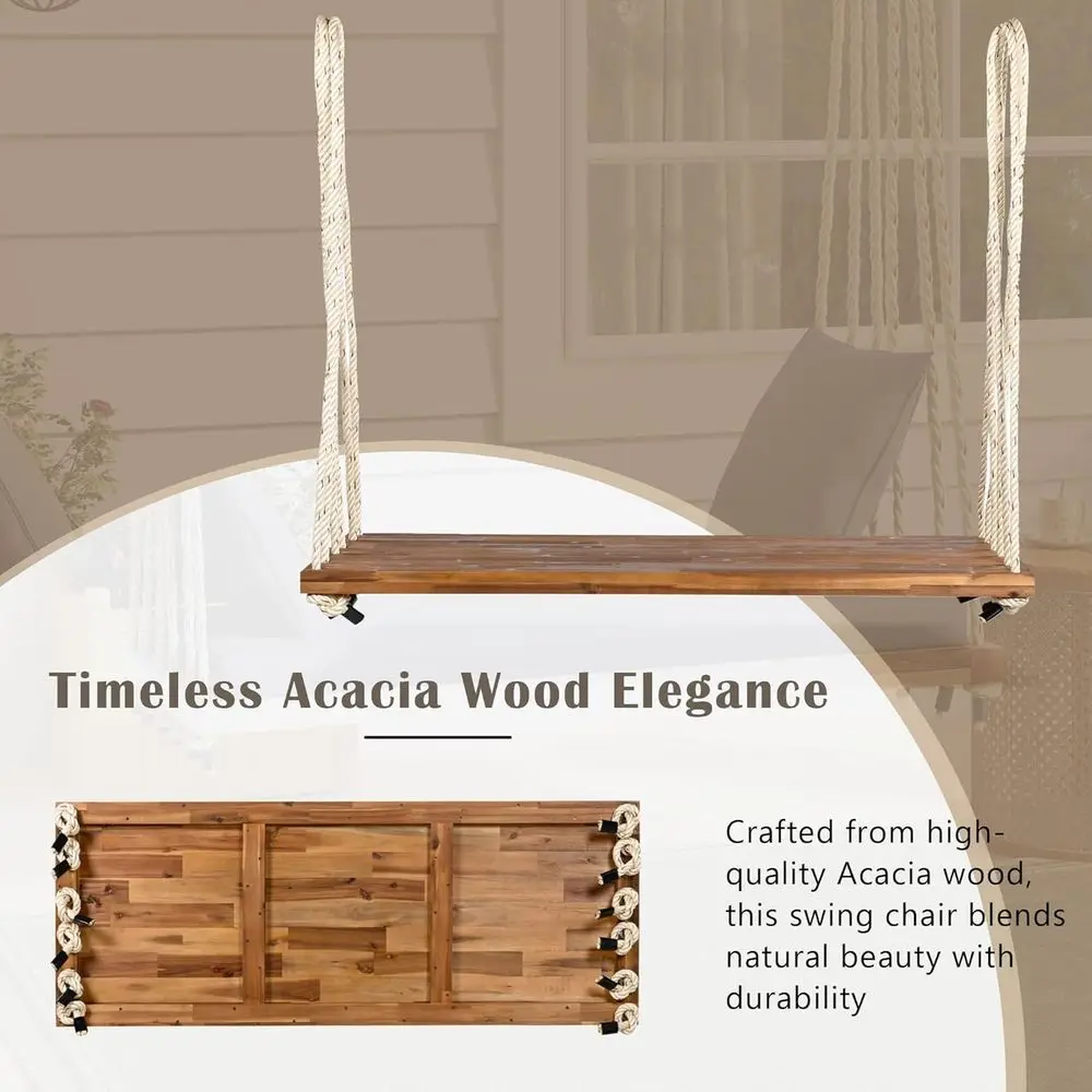 2-Person Acacia Wood Swing with Thick Cushion, 10.8ft Ropes, Pillows, 400lbs Capacity for Outdoor Patios