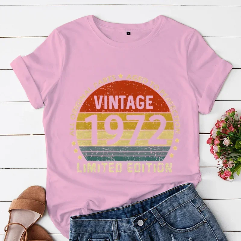 Vintage 1972, limitowana edycja Harajuku T Shirt damskie koszulki kreatywne 50 urodziny letnia koszulka Oversize oddychające bluzki damskie