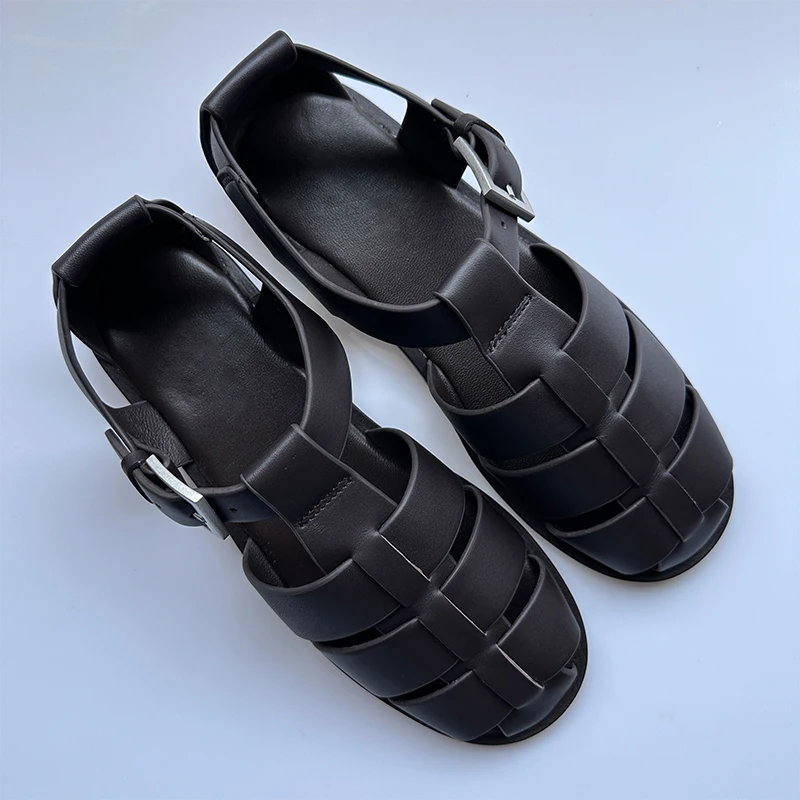 Mrxmus Dutit Roman Style Cowhide Leather Fashion Sandals 2024 Summer Retro Buckle Decorative Flat Shoes Female