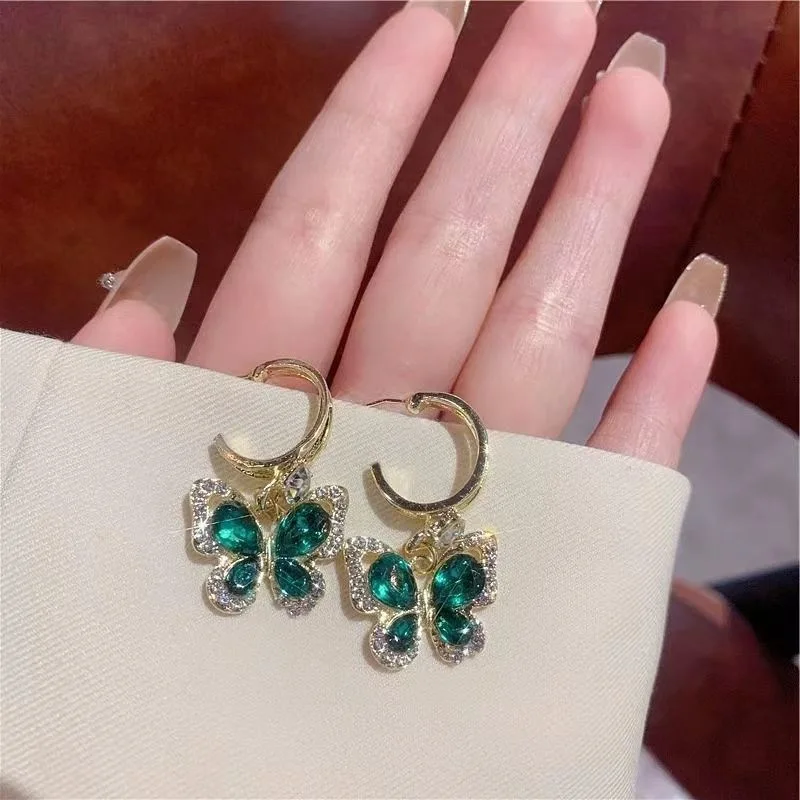 Trendy New Green Crystal Hanging Earrings Rhinestone Butteryfly Pendants Women\'s Drop Earrings Korean Fashion Wedding Jewelry