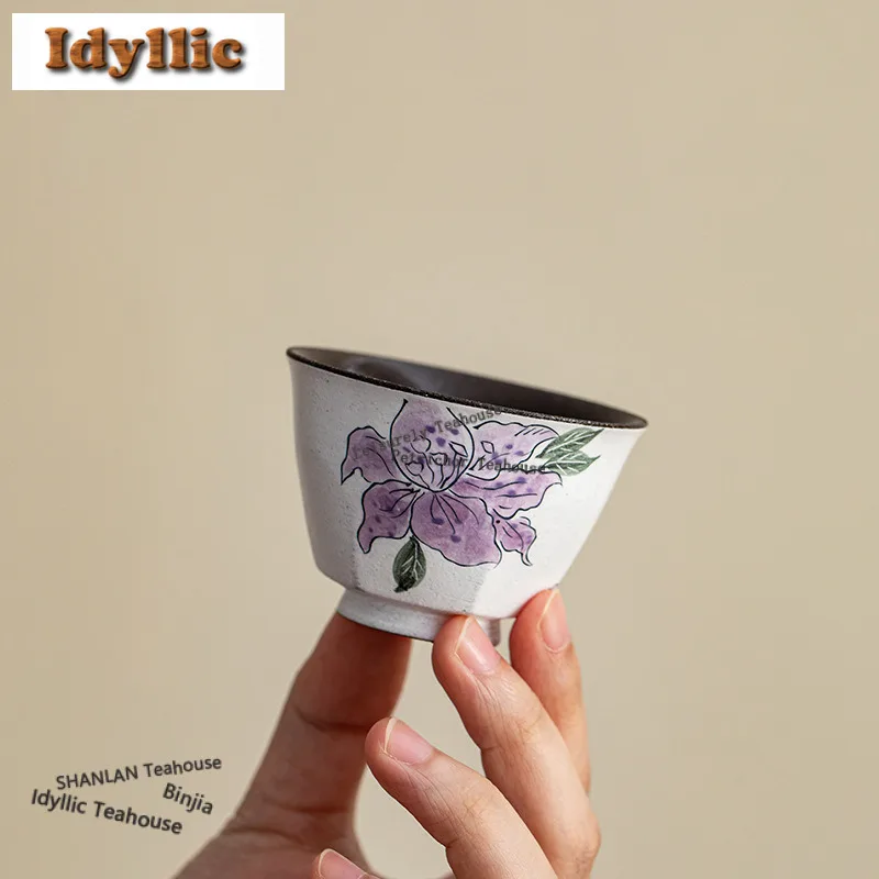 2pc/Lot Hand-painted Iris Flower Teacup Elegant Tea Bowl Beautiful Tea Cup Tea-tasting Fragrance Cup Chazhan Master Cups 35ml