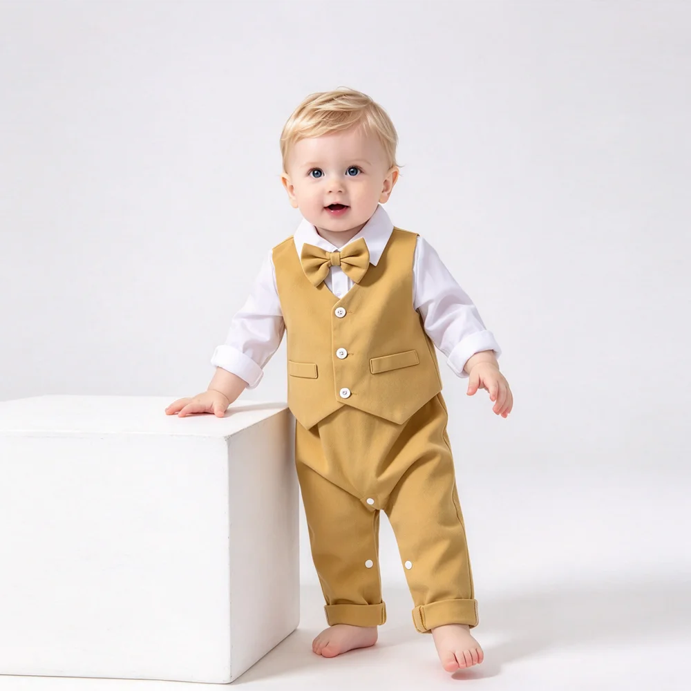 Infant Boy Fake Two-Piece Gentleman Suit Khaki Vest Romper Baby Formal Jumpsuit with Bowtie for Christening Birthday Wedding