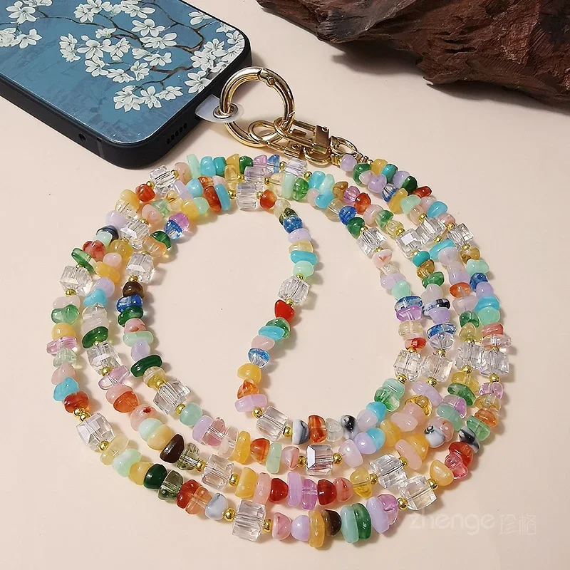 Mobile Phone Lanyard Crossbody Long Chain Side Can Back Multi-colored Stone Beaded Hanging Antique Girl Chain  Lanyard for Keys