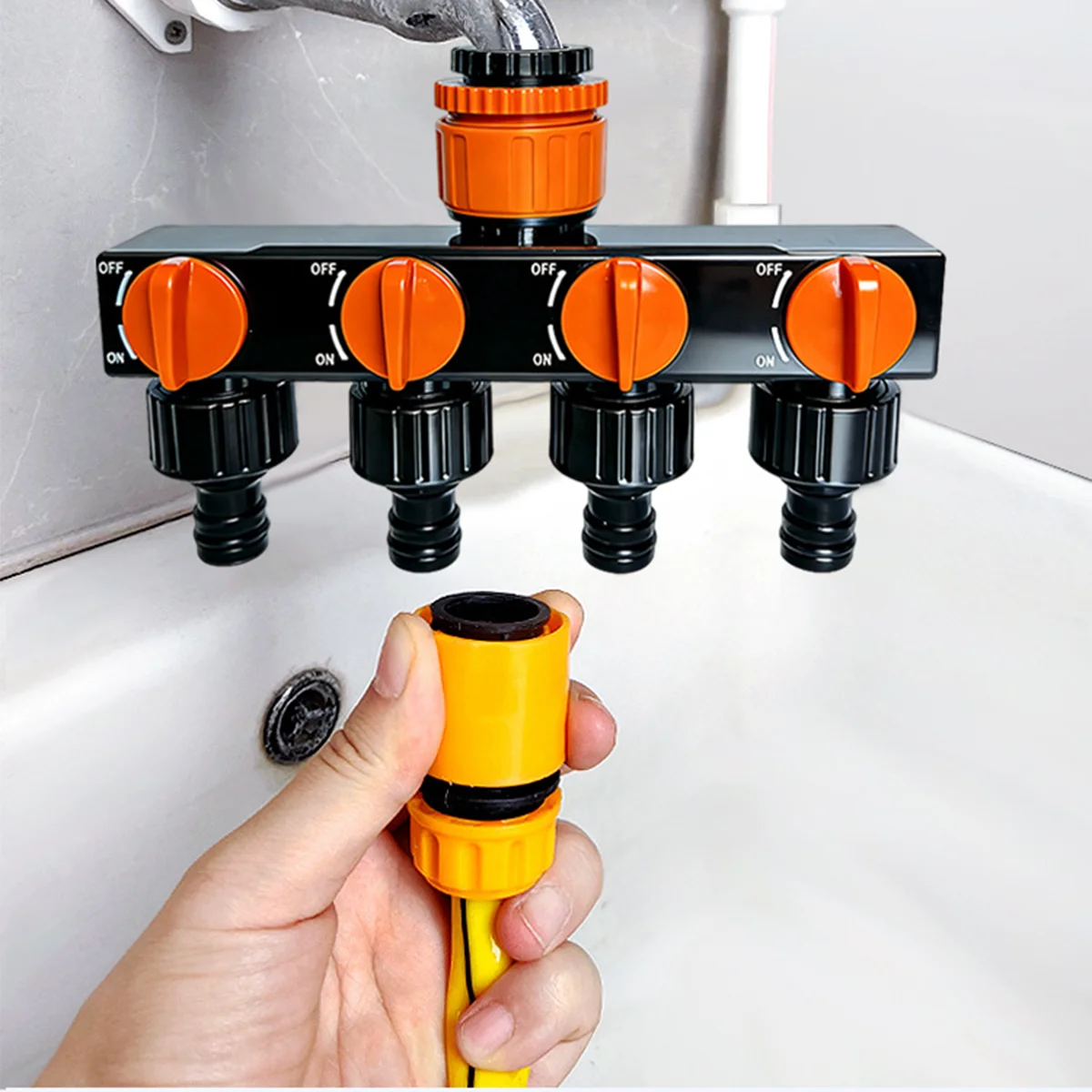 Garden Hose Diverter with Switch, Four-Way Valve, One Inlet and Four Outlet Diverter, Nipple Connector, Watering Connector