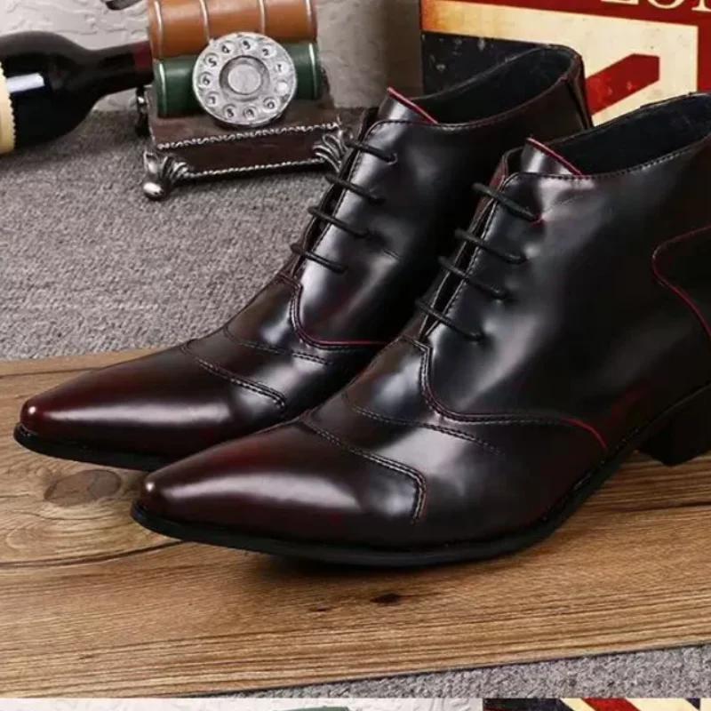 Sewing Lines Shoes for Males Pointed Toes Chunky Low Heels Crossover Strap Chassure Hommes Solid Zapatos De Hombre Pleated Boot