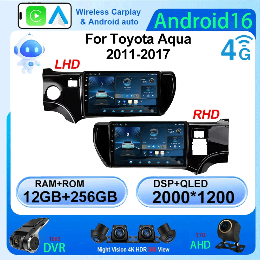 

LJZN Carplay Android 16 For Toyota Aqua 2011 - 2017 Car Radio Android Auto Car Stereo 2 din Wifi GPS Autoradio Head unit 4G+WII