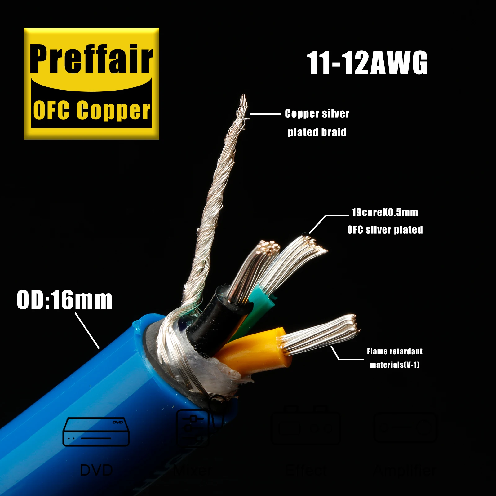 Hi-End EMC Shielded OFC Silver Plated Power Cable DIY Bulk Wire 11-12AWG AC Power Cord