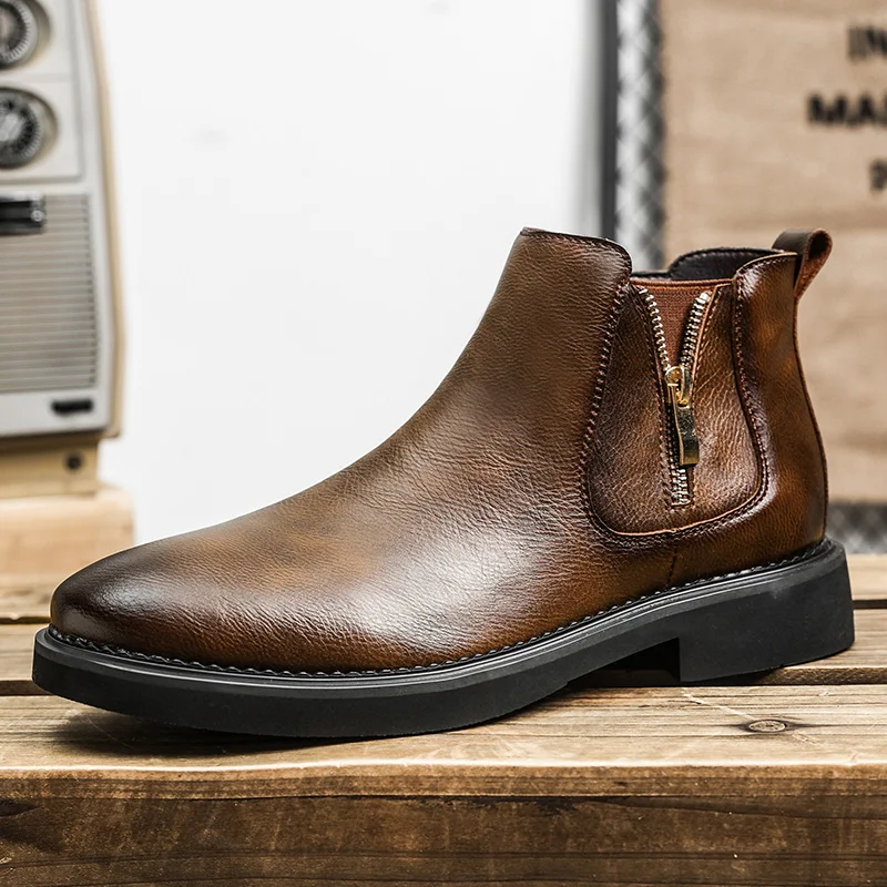 

British Style Classcis Man Chelsea Boots Genuine Leather Casual Short Boots Brand Stylish Business Shoe Comfy Antiskid High Top