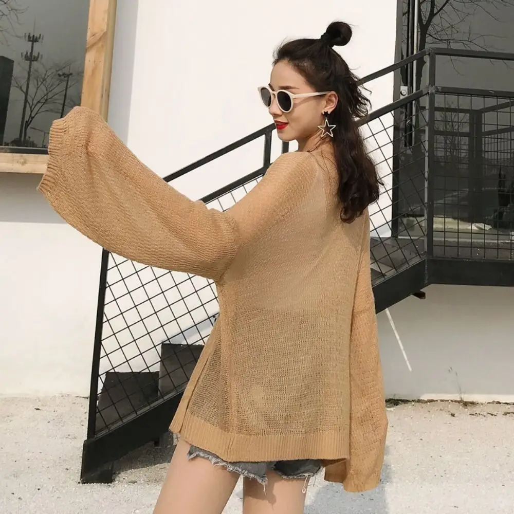 

Simple See Through Hollow Crochet Cardigan Long Sleeves Loose Knitted Crochet Top Shawl Thin Sun Protection Top Women