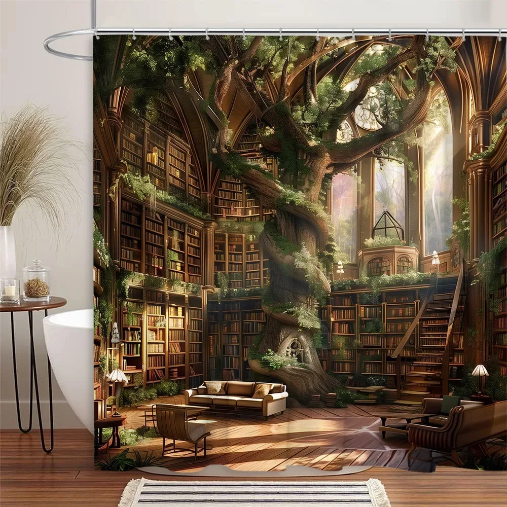 Library Shower Curtain Vintage Medieval Books Bookshelf Cat Dog Leaves Magic Gothic Polyester Fabric Bathroom Decorative Curtain