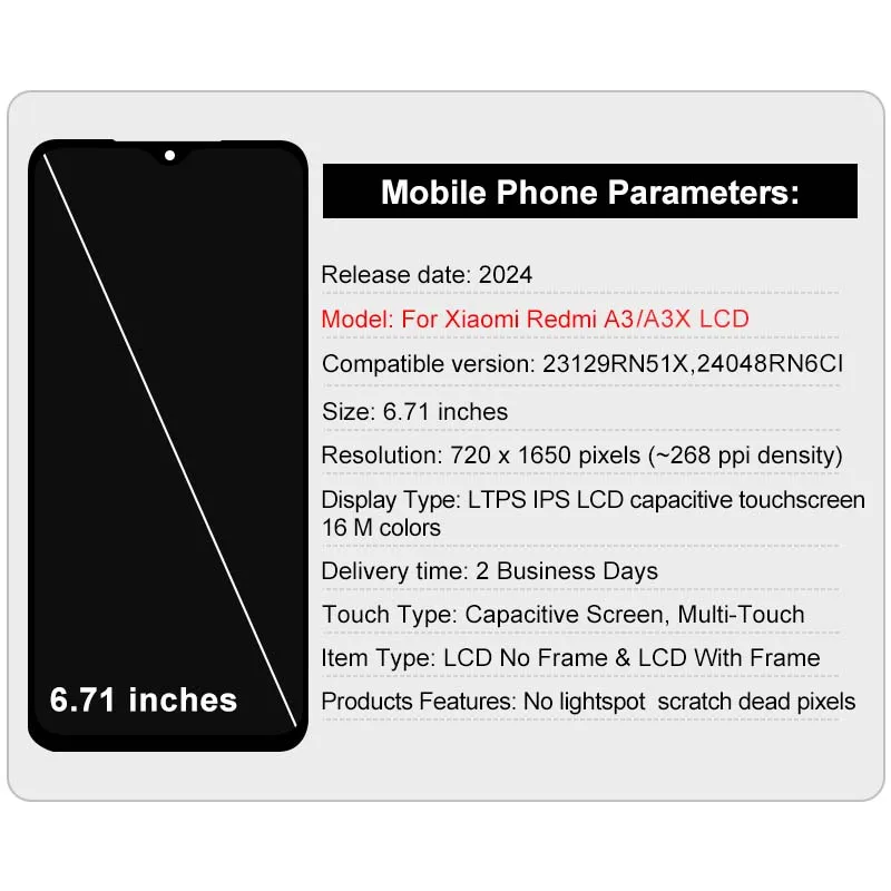 IPS For Xiaomi Redmi A3 Display 23129RN51X LCD Touch Screen Digitizer Assembly For Redmi A3X Display 24048RN6CI LCD Replacement