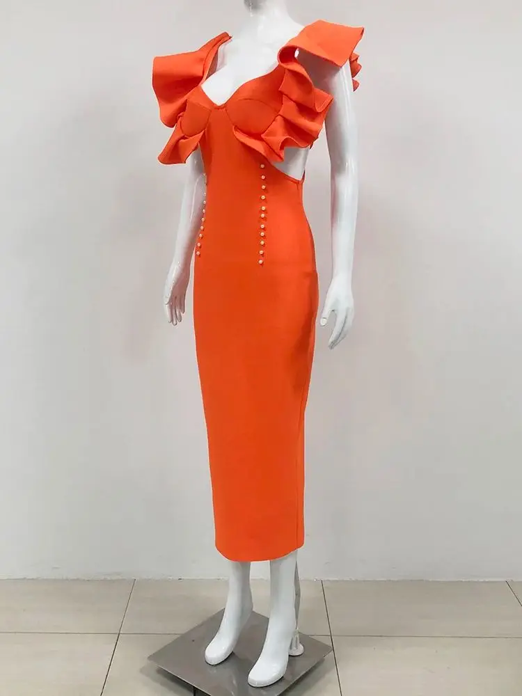 New INS Women 2024 Fashion Sexy Cut Out Orange Midi Bandage Bodycon Dress Knit Celebrity Prom Costume Evening Party Dress