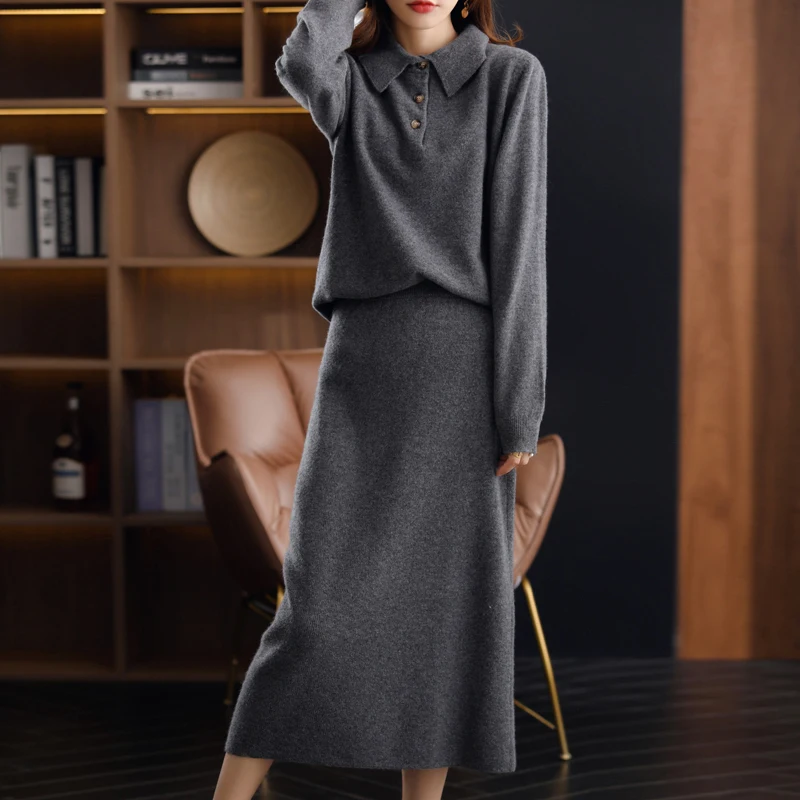 AutumnWinter Fabric Andy Cashmere Knit Pullover Women Fashion Long Skirt Two-Piece Polo Collar Casual Sweater Loose A-Line Skirt