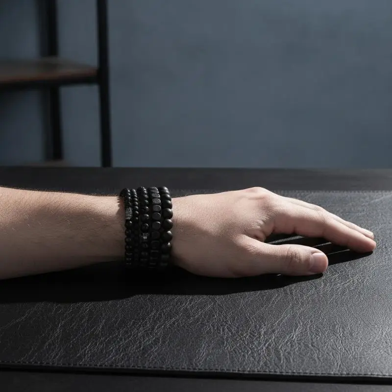4 Stück schwarze Gallenstein-Vulkanstein-Holzperlen, mehrschichtiges elastisches Kombinationsarmband für Männer, stapelbarer Schmuck für Paare und Freunde, Geschenk. – Detail 9