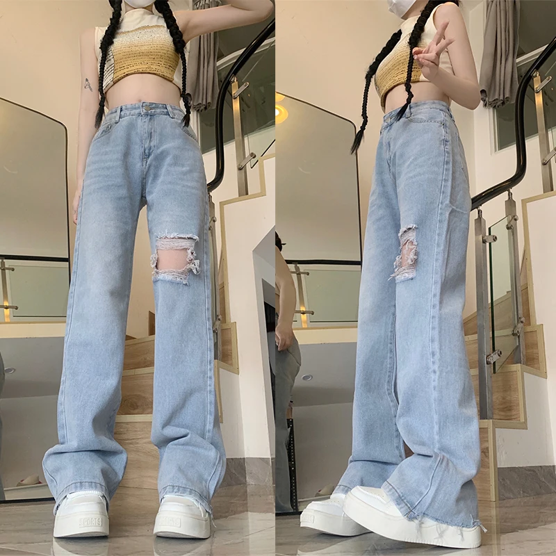 

Woman Gothic Harajuku Vintage Korean 90s Jeans Girls Fashion Grunge Ripped Pants Female Harajuku Light Blue Denim Hole Trousers