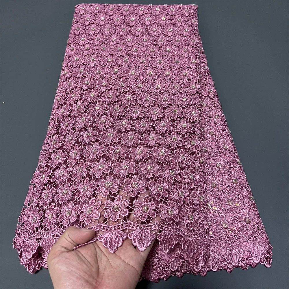 

African Nigerian Latest 2025 Guipure Embroidery Sequins Tulle Lace Fabric High Quality for Sewing Dresses 5Yards ZJ097