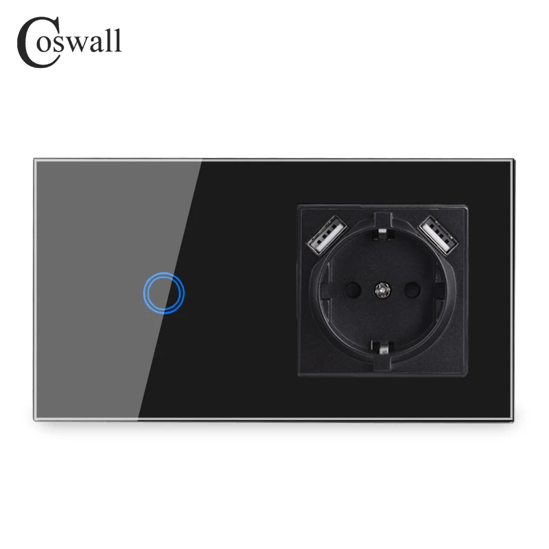 COSWALL HG Series Glass Panel 1 Gang 2 Gang Touch On / Off Wall Light Switch With Eu / French Polish Socket With Dual USB Black