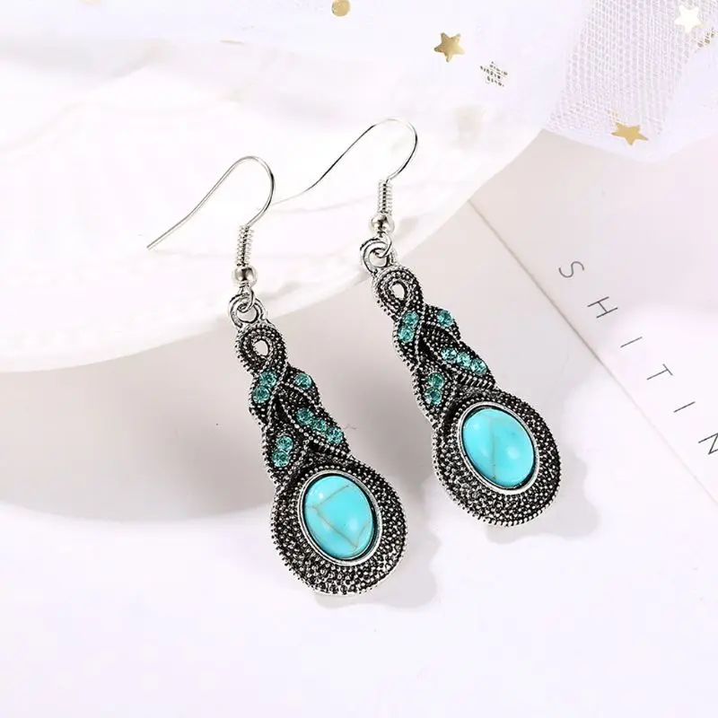 634C Attractive Blue Stone Jewelry Set Tibetan Silver Turquoise Pendant Necklace Earrings Decor Valentine’s Day Birthday Gift