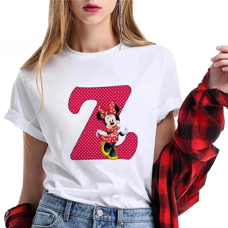 T-shirt à Manches Courtes pour Femme, Vêtement Kawaii, Dessin Animé Disney, Lettre Minnie, Blanc, Années 90, Y-2024, Été