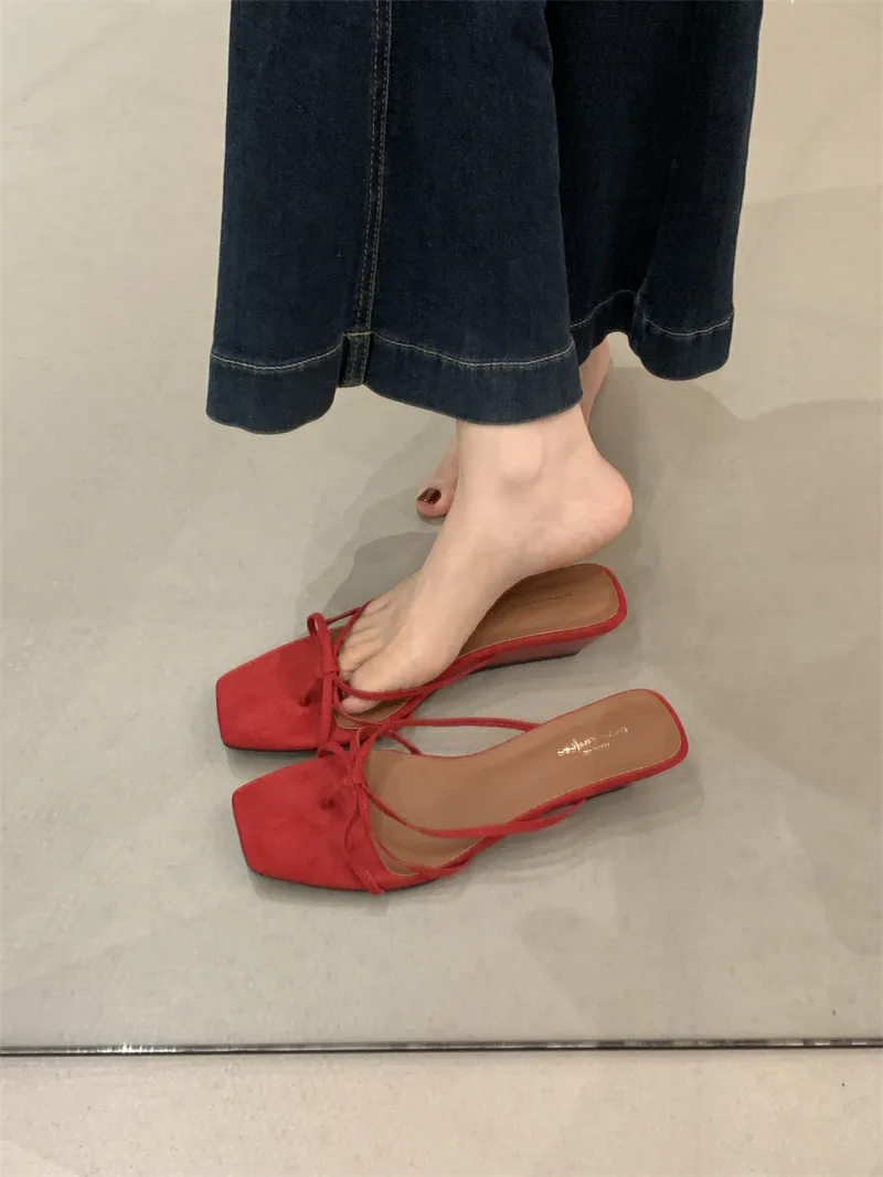 

Wedge Heels French Dress Party Shoes for Woman Sandals Square Toe Classic casual Lady Shoes Fashion Shallow Summer Shoes