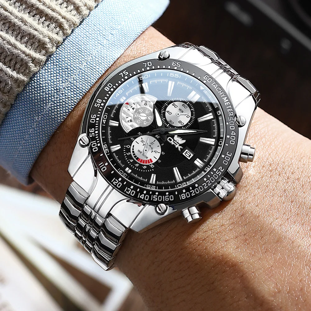 OPK Mens Watches Brand Stainless steel Men's Wristwatch Waterproof Luminous Calendar Three small dials Quartz Watch Reloj Hombre