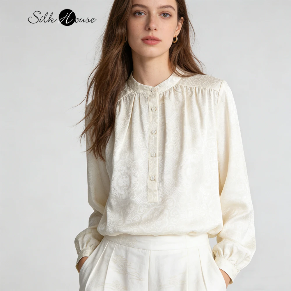 

Изысканная женская рубашка из 100% натурального шелка тутового шелкопряда с жаккардовым атласным узором, воротником-стойкой и длинными рукавами, в деловом стиле OL