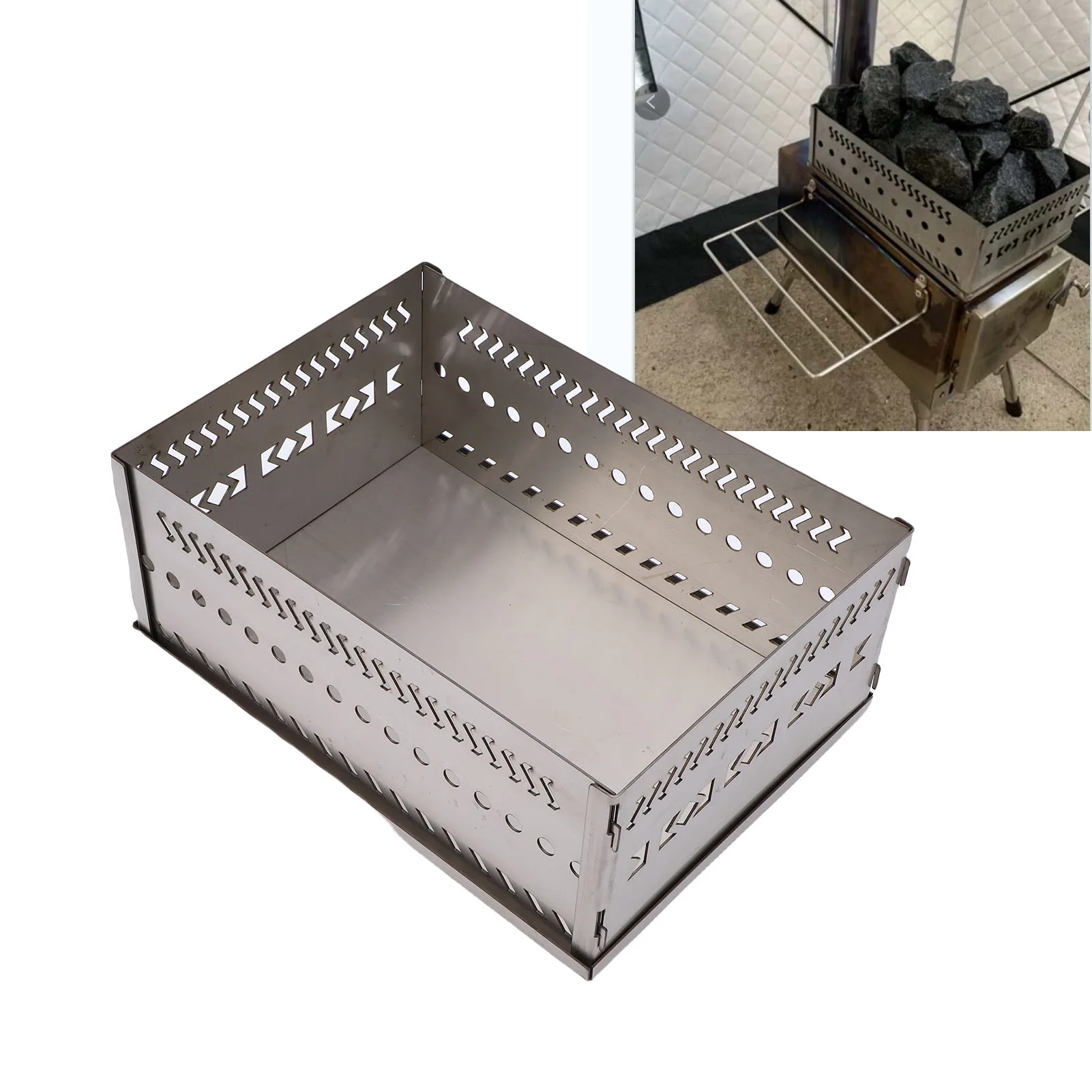 سلة حجر الساونا حامل حجر الساونا متعدد الأغراض المحمولة الفولاذ المقاوم للصدأ سلة حجر الساونا لموقد حرق الخشب الفحم
