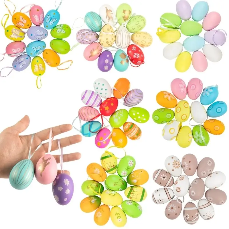 12pcs Easter Eggs Colorful Bunny Painted Plastic Hanging Pendant DIY Easter Egg Crafts for Home Easter Party Supplies Kids Gifts