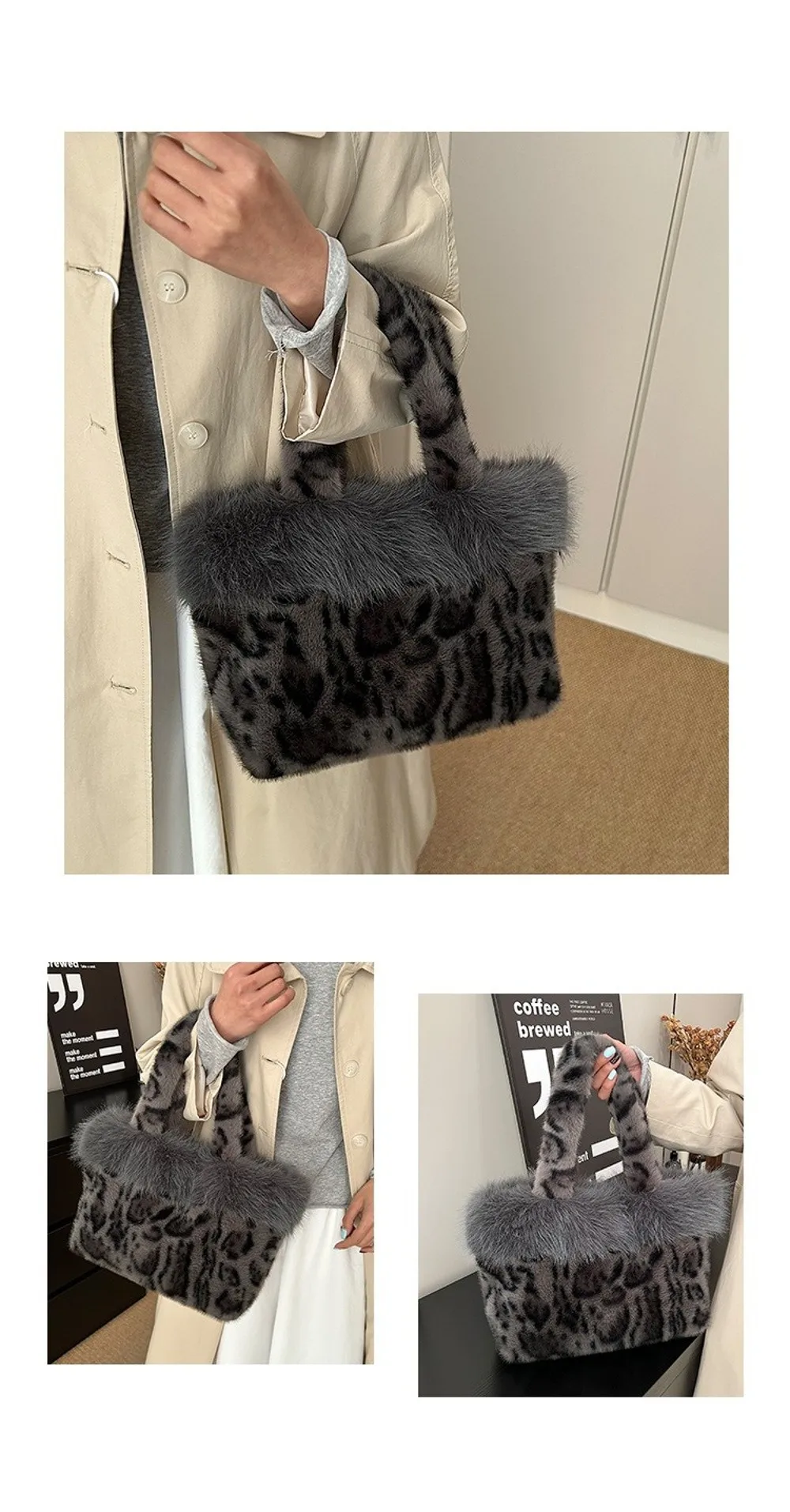 Modische Leopardenmuster-Fell-Tragetasche Warme Weiche Schultertasche Große Kapazität Flauschige Handtasche für Damen – Detail 8
