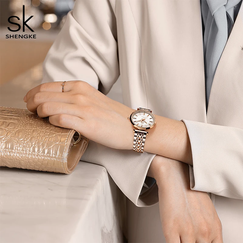 Relogio Feminino Shengke sk Fashion Women Watches Rose Golden Stainless Steel Woman\'s Quartz Wristwatches Ladies Colorful Clock