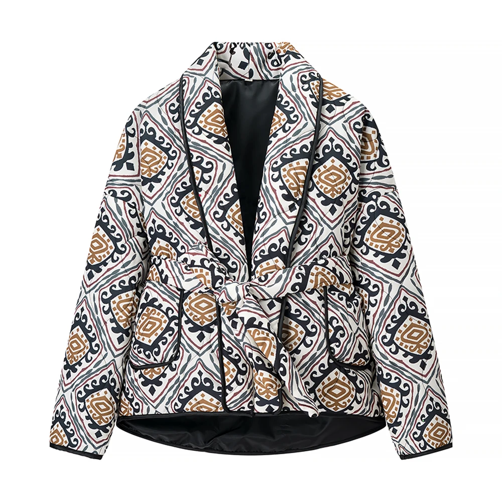

Women's lace-up cotton jacket printed design jacket with belt with unique waist-hugging effect and unique women's printed cotton