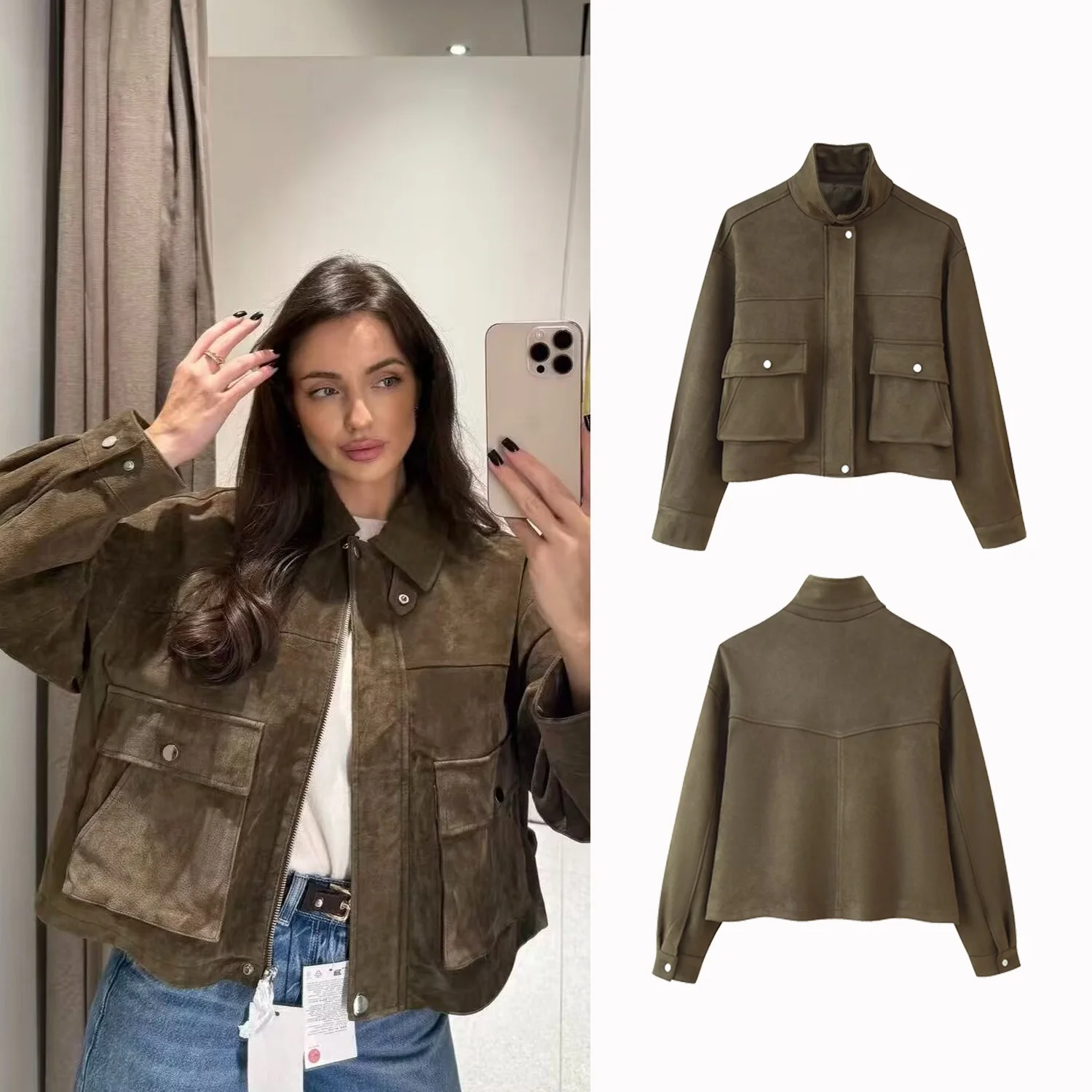 

2025 Autumn New Women's Fashion Flap Pocket Decoration Military Green Retro Jacket Long Sleeved Zipper Women's Coat Chic Top