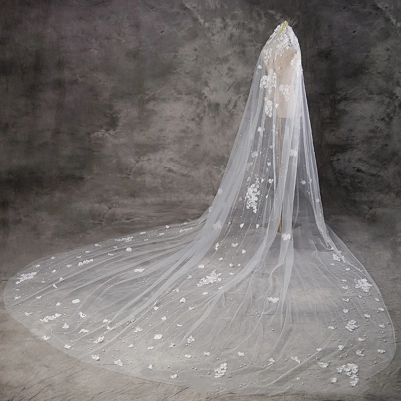 ไข่มุกGorgeous Wedding Veil Appliquesหนึ่งชั้นยาวCathedralความยาวVeils Applique Edge Big Tail Velo De Cabezaที่กําหนดเอง