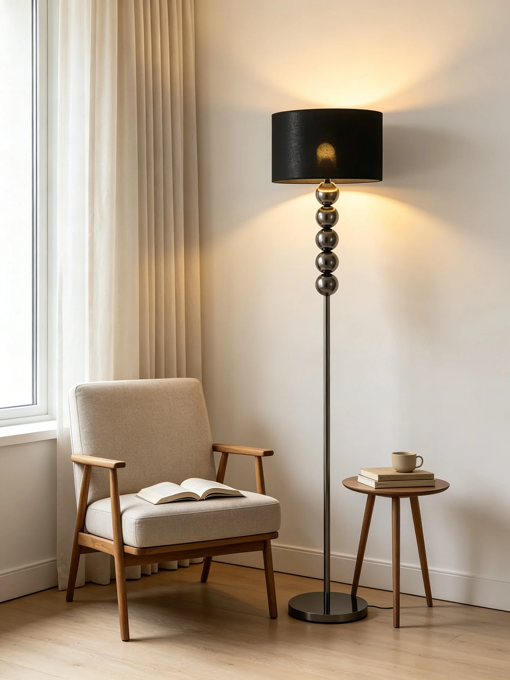 Modern Plated Black Fabric Floor Lamp Metal Bead Pole E27 Standing Light for Indoor Living Room Bedroom Decor 162cm Tall