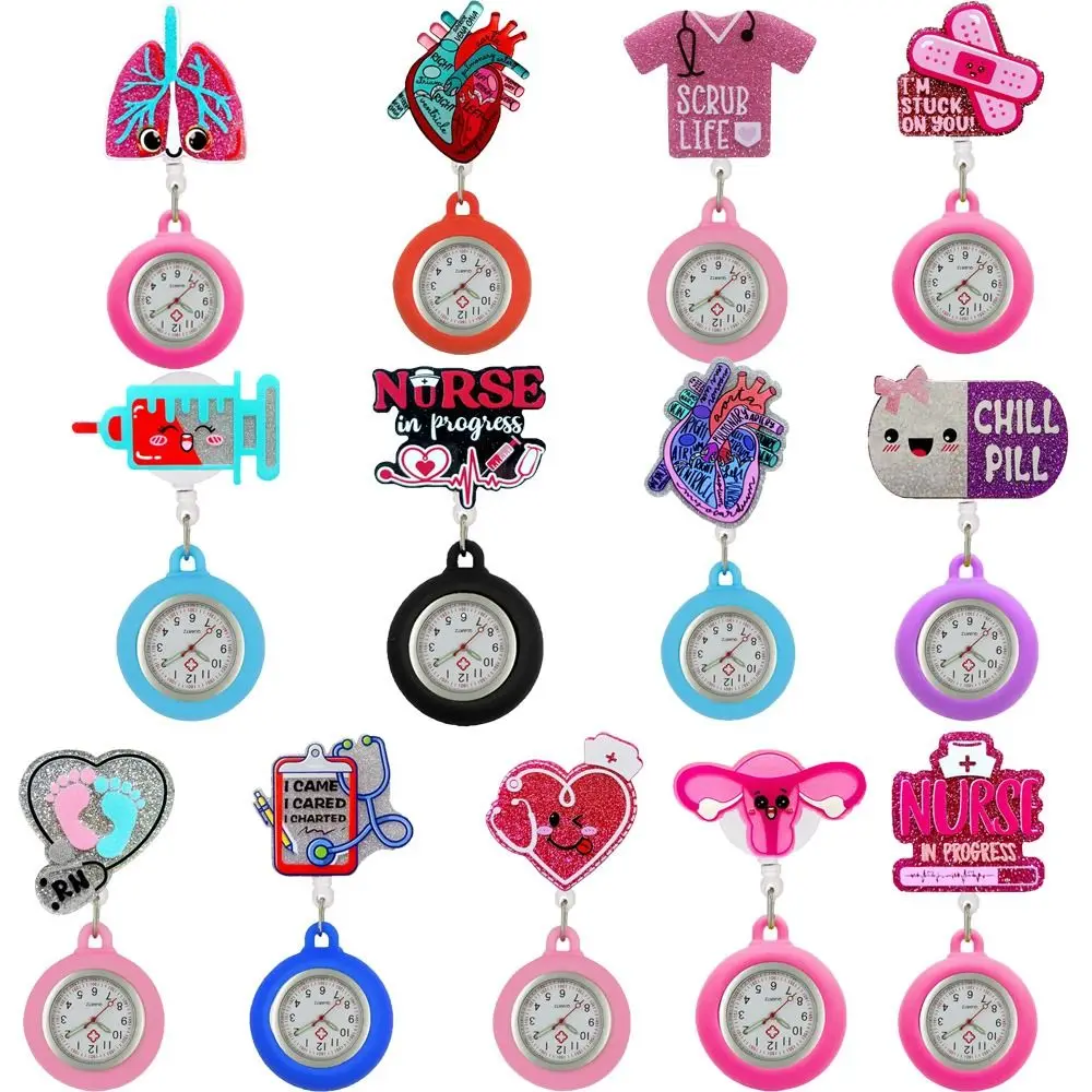 Clock Retractable Retractable Pocket Watch Multi-functional Silicone Badge Reel Cartoon Glitter Clip-On Nurse Watch Doctors