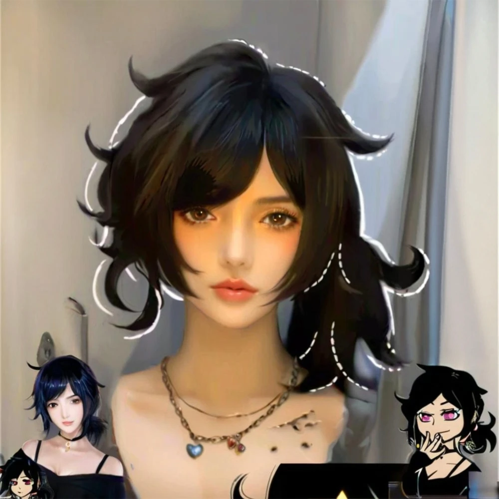 Ashley Cosplay Wig Ponytail Style Rose Net Cap Black Medium Length Hair Heat Resistant Synthetic Fiber Wig For Halloween Party