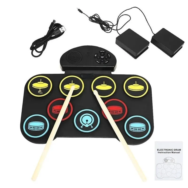 Portable Hand Roll Drum Kit 5 Drums 4 Cymbals Silent Electronic Practice Pad for Beginners Kids Tabletop Percussion