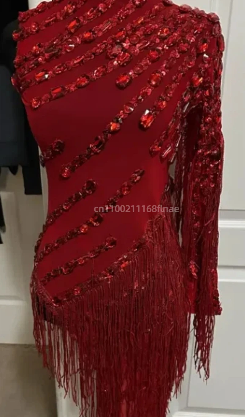 New Sparkling Rhinestone Fringe Sexy Perspective Dress for Women,one Shoulder Latin Dance Set,bar Party Stage Performance Outfit