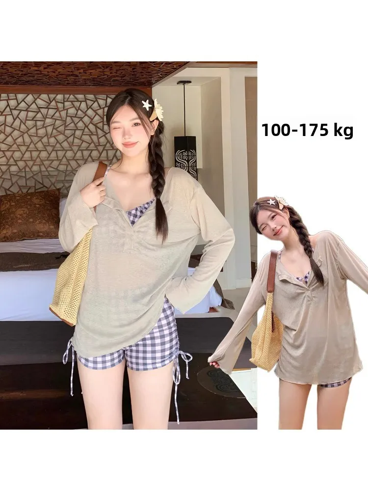 

New 2025 plus Size Bikini Women's High Waist Flat Angle Vaion Hot Spring Tee Piece Set V Ne Long Sve Swimming Suit
