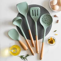 5Pcs Silicone Kitchen Utensils Set Wooden Handle Non-stick Spatula Cookware Set Fried Shovel Leaky Spoon Rice Spoon Kitchen Tool