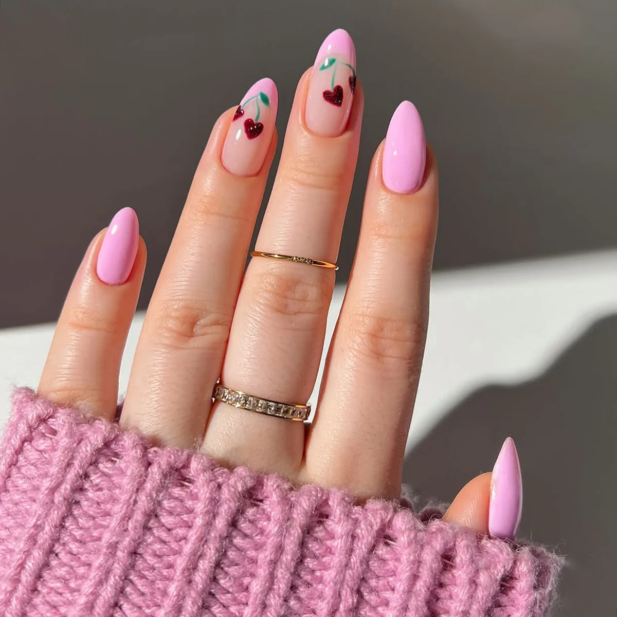 

24Pcs Mid-length Almond Press on Fake Nails Pink Edge French Cherry Design Full Cover Nails Tips Art Simple Reusable False Nails