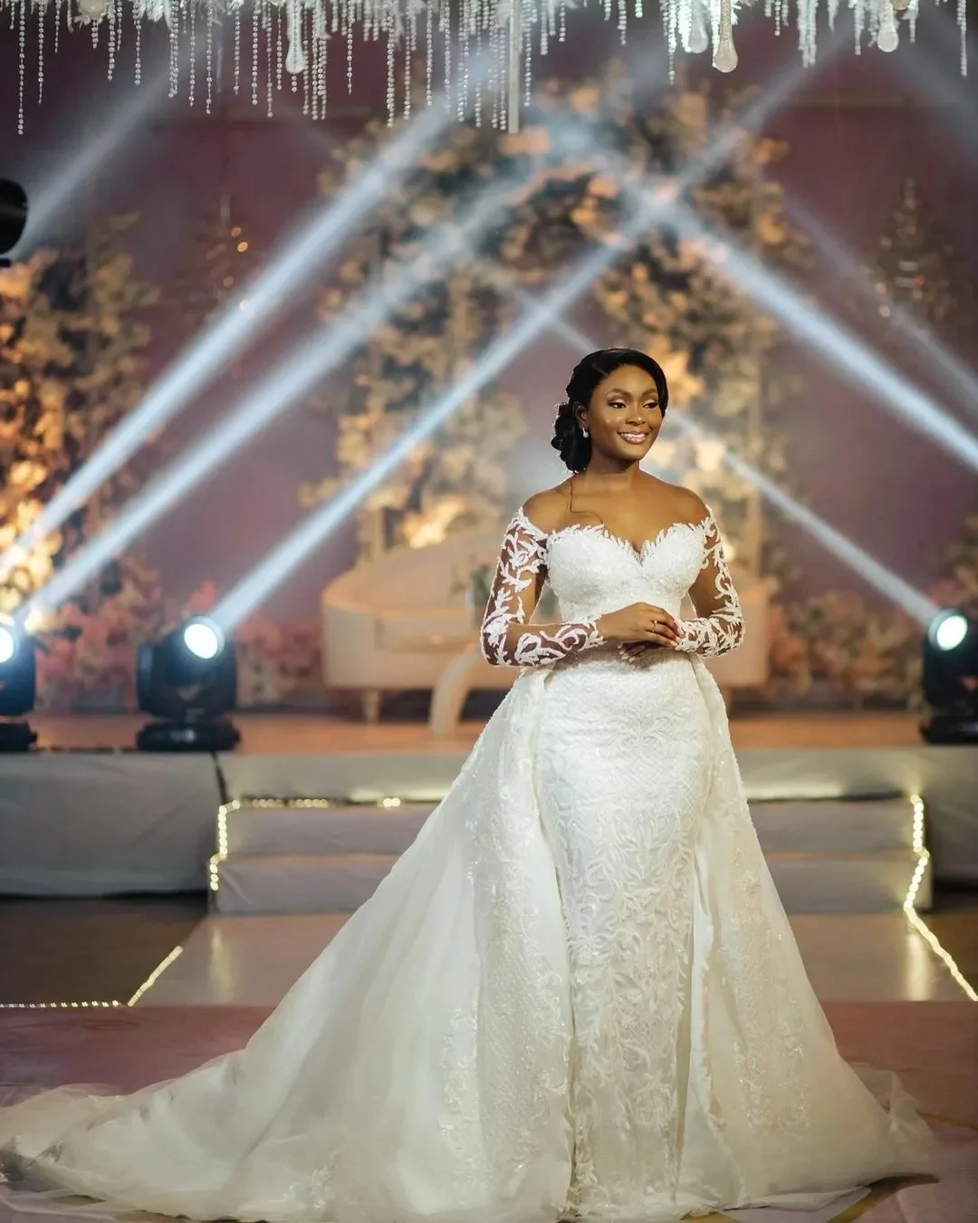 تخصيص حجم كبير Aso Ebi فستان الزفاف انفصال قطار الوهم حورية البحر شير الرقبة طويلة الأكمام الدانتيل تول زي العرائس