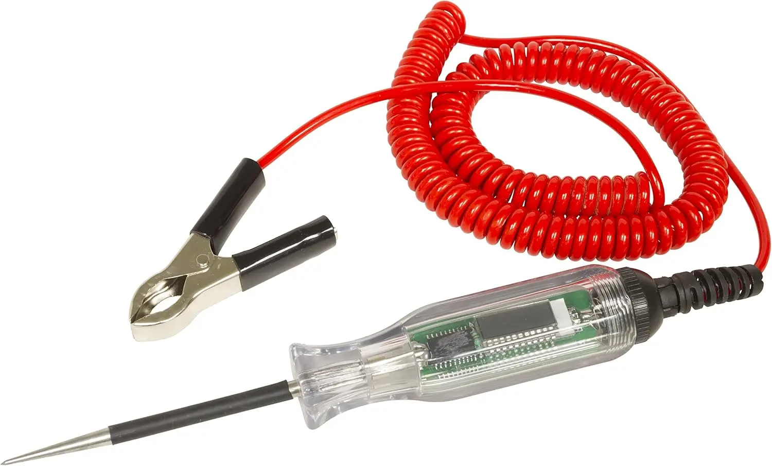 

3-49V DC Digital Circuit Tester, Polarity Checker with LED Indicators, 12ft Coil Cord, Heavy-Duty Clamp, Insulated Probe