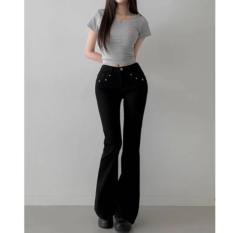 Low Waist Bell Bottom Jeans Women's Elastic Star Print High Stretch Denim Casual Fashion Standard Fit Cotton Blend Jeans