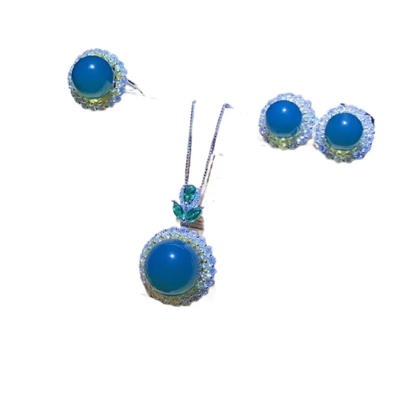 

Blue amber three-piece set silver inlay, pendant round beads, ring round beads