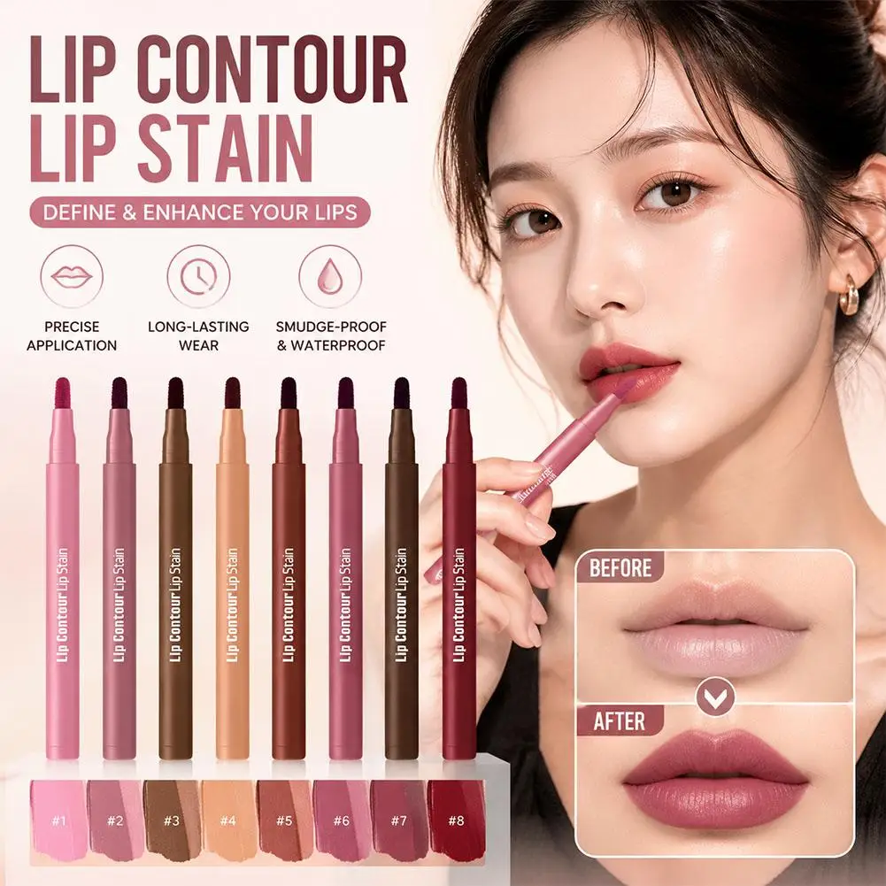 2-in-1 Lip Contour Stain Lip Tint Soft Nude Lip Makeup Smudge-proof Non-stick Cup Moisturizing Lip Stain & Liner Pen Long-wear