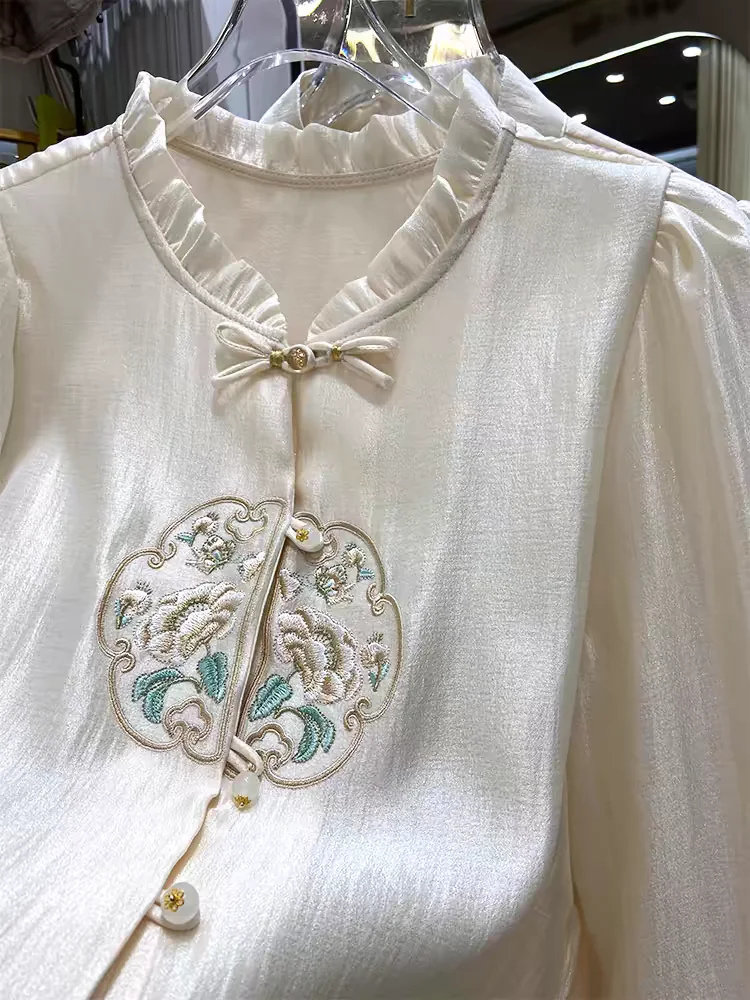 Vintage Blouse Women Ruffle Neck Embroidery Blouse Single-breasted Long Sleeve Shirts Shirts Luxury Brand Women Clothing White