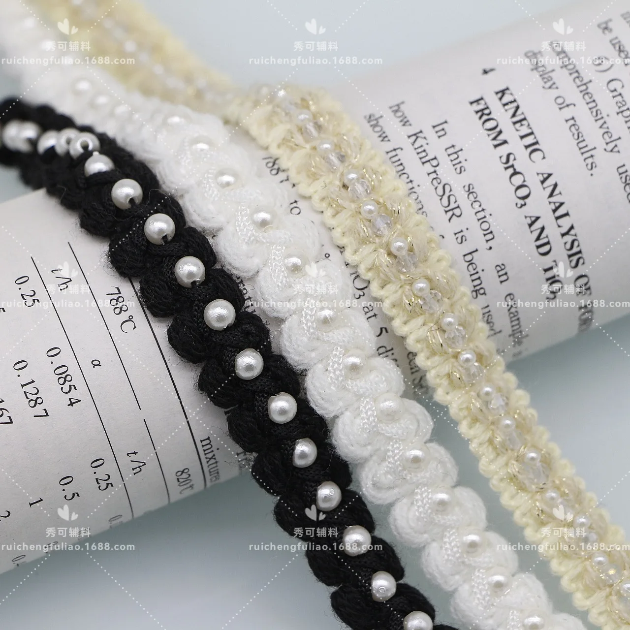 

Black and White Woolen Ribbon Handmade Beaded Crystal Lace Trim Pearl Decorative Ribbon DIY Clothing Accessories