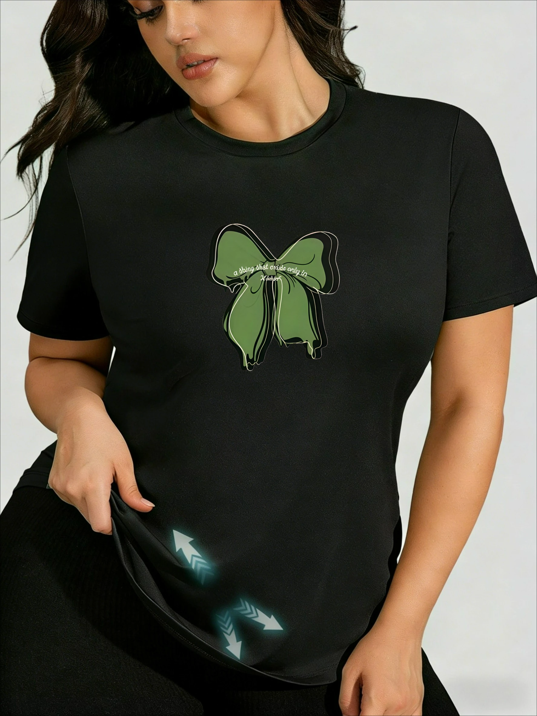 

Sweet Cool Retro Green Bow Print Plus Size T-Shirt, Y2K Hot Girl Style Sweet & Spicy Slim Fit Short Sleeve