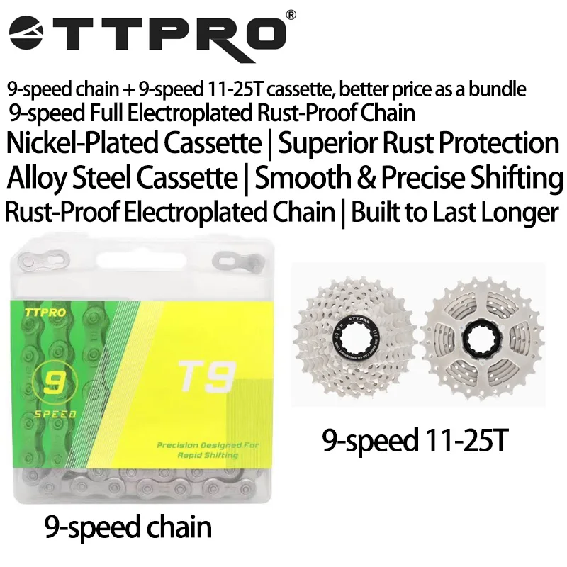 TTPRO 9-Speed Chain + 9-Speed Bike Cassette 11-25T/28T/32T/34T/36T/40T/42T/46T/50T, Combo Pack, Bicycle Parts